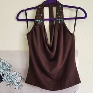 Embellished Brown Halter Top